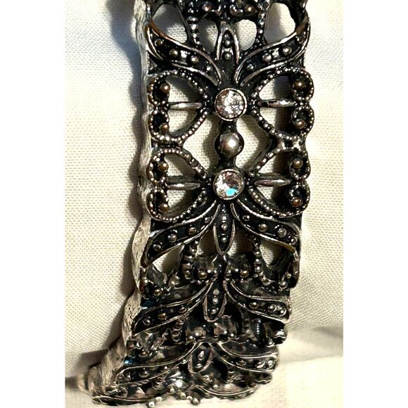 Statement Filigree Bracelet Clear and Black Stones on Silver Tone Hinged Clamper - Picture 7 of 10